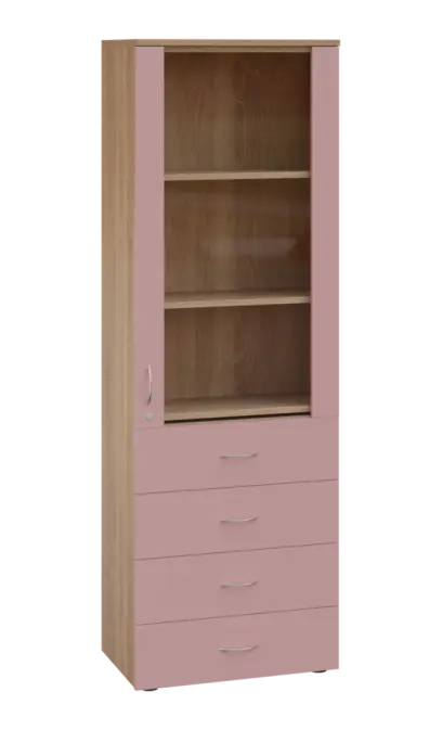 LE - 64 skříň léková prosklená, pravá, korpus dub bardolino, dvířka pastelově růžová